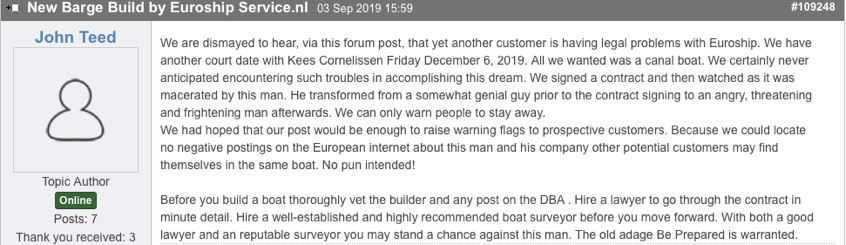 DBA The Barges Association John Teed Euroship Services Luxe Motor Kees Cornelissen Shipyards Erfahrungen beim Bootbau